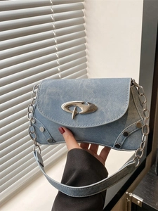Women Y2K Underarm Shoulder Bag Denim PU Leather Rivet Studded Crossbody Bag Silver Chain Metal Buckle Retro Small Purse
