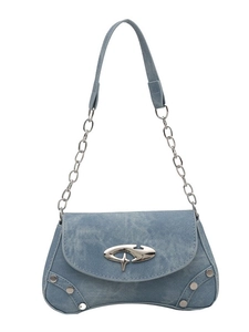 Light blue denim y2k underarm bag with oversized silver metal buckle and rivet accents