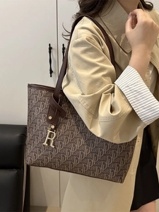 Brown monogram tote bag for women with gold letter R charm and shoulder strap