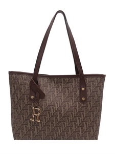 Retro print large tote bag with brown leather handles and golden R-shaped metal pendant