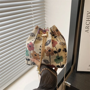 Retro Floral Jacquard Bucket Bag For Women With Chain Strap And Artificial Pearl Drawstring Ethnic Style Crossbody Handbag
