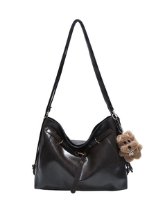 Maillard vintage dark coffee large shoulder bag with cute teddy bear charm
