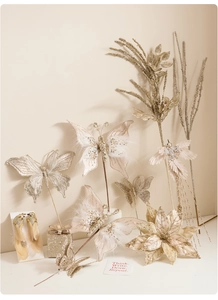 Champagne gold glitter butterfly and bird floral picks with elegant beads and feathers