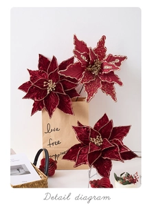 Détails de fleurs de Poinsettia en velours rouge avec bordures dorées scintillantes