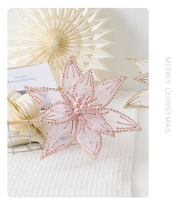 Detail of pink mesh Christmas flower with faux pearls and glitter edges for festive decor
