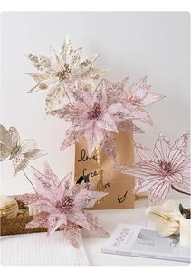 Sparkling pink mesh poinsettia flower with sequins for Christmas tree decoration