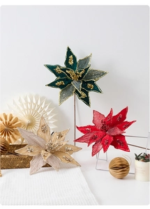Detailed view of handmade artificial poinsettia set with glitter edges for Christmas decor