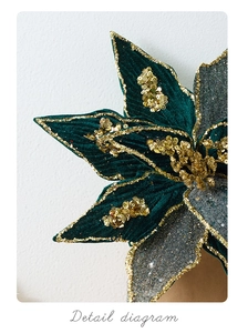 Detailed macro view of dark green velvet Christmas flower with golden sequins and glitter