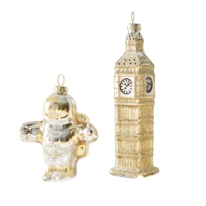 Astronaut and Big Ben glass Christmas tree ornaments with glitter and metallic finish