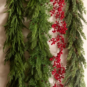 Artificial Christmas Norfolk Pine Garland Realistic PE Soft Glue Cedar Vine With Red Berries Pine Cones For Home Holiday Decor