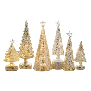 Set of 6 lighted champagne glass Christmas trees with LED warm glow on white background