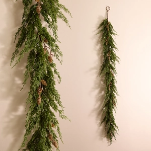 Realistic artificial Norfolk pine garland with natural cedar needles and pinecones