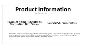 Detailed specifications for feathered bird Christmas ornaments showing PVC and foam materials
