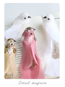 Close-up of artificial foam birds with glitter sequins and soft faux feather details