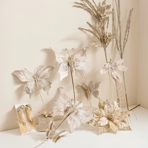 Christmas Decorative Floral Picks Champagne Gold Glitter Artificial Butterfly Bird Flower Tree Ornaments Vase Fillers