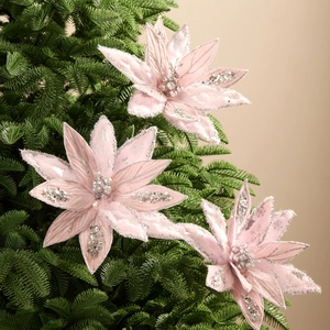 Pink Christmas Flower Artificial Poinsettia With Glitter Sequins Mesh For Christmas Tree Decoration Korean Style Home Holiday Party Ornament