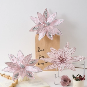 Pink Poinsettia Christmas tree decor with velvet petals and sparkling sequins