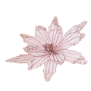 Pink Christmas mesh artificial flower with sequins for tree decoration and holiday scene