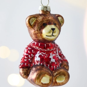 Hand-painted glass teddy bear ornament wearing a red sweater for Christmas tree decor