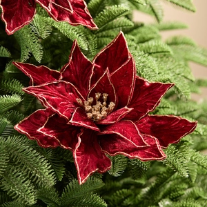 Élégante fleur de Noël artificielle en velours rouge avec bordures dorées pailletées