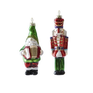 Christmas glass ornaments featuring festive gnome and nutcracker soldier on white background