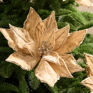 Fleur de poinsettia de Noël en velours champagne doré avec paillettes sur sapin vert