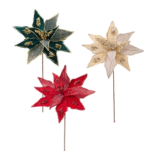 Set of 32cm glitter poinsettia stems in red, gold, and green for Christmas tree decoration