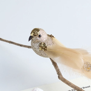 Glittery gold foam bird ornament with natural feathers for Christmas tree decoration