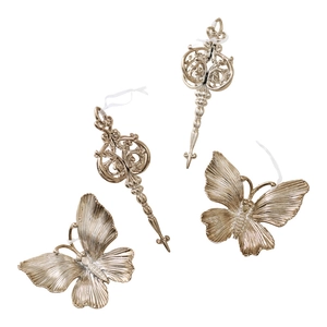 Set of four champagne gold Christmas ornaments featuring butterflies and ornate sceptres