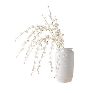 Modern white ceramic vase with textured surface and decorative pearl branches