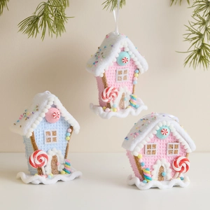 Dreiteiliges Set Lebkuchenhaus-Weihnachtsschmuck mit Glitzer und Zuckerstangen