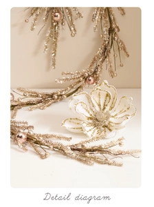 Detail of white magnolia Christmas flower with gold sequins and champagne decor branch