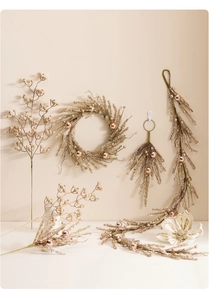 Champagne gold Christmas decorative set with glitter berries, wreath, and floral vine