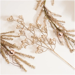 Champagne gold Christmas berry branches with glitter finish for holiday decor