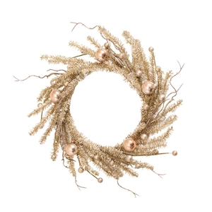 Champagne gold Christmas wreath with glitter pine needles and rose gold ornaments