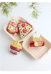 Fast food glass Christmas ornaments set featuring pizza, fries and burger on pine branch