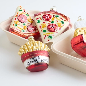 Sparkling glass pizza and fries Christmas ornaments with Fries Before Guys slogan