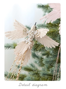 Detailed macro shot of fabric hummingbird ornament with white pearls and gold wire tassels