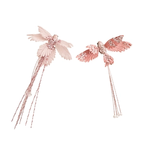 Pink hummingbird Christmas ornaments with sequins, beads, and elegant fringe details