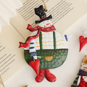 Vintage hand-painted metal snowman ornament with red scarf for Christmas tree decoration