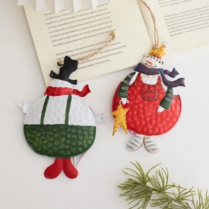 Set of 2 vintage hand-painted metal snowman ornaments with rustic rope hangers for Christmas tree
