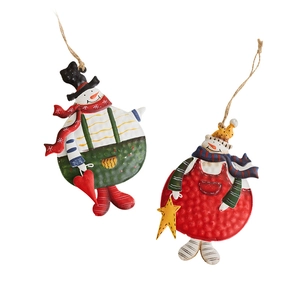 Vintage hand-painted metal snowman ornaments with rustic twine hangers for Christmas decor