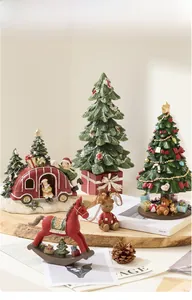 Detailed set of Christmas resin ornaments with mini trees and rocking horse on wood base