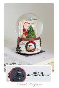 Detail view of the wind-up musical mechanism on this resin Santa snow globe music box