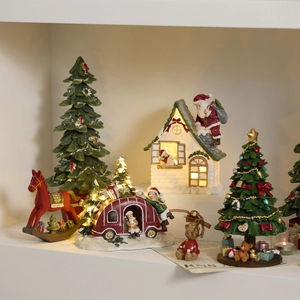 Christmas Resin Ornaments Glowing LED Desktop Decoration Santa House Snow Globe Musical Rocking Horse Festive Gift