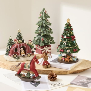 Luminous Christmas resin ornaments set with Santa camper, rocking horse, and festive trees