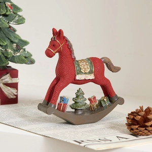 Lighted resin Christmas rocking horse with miniature tree and gifts tabletop ornament