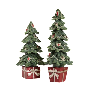 Set of 2 glowing Christmas tree resin ornaments with snow glitter and red gift box bases