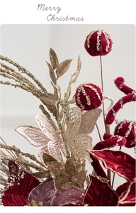 Close-up of burgundy velvet Christmas floral pick with golden glitter and sequins details
