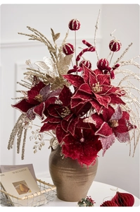 Velvet Poinsettia and gold branches in a vintage ceramic vase for Christmas decor